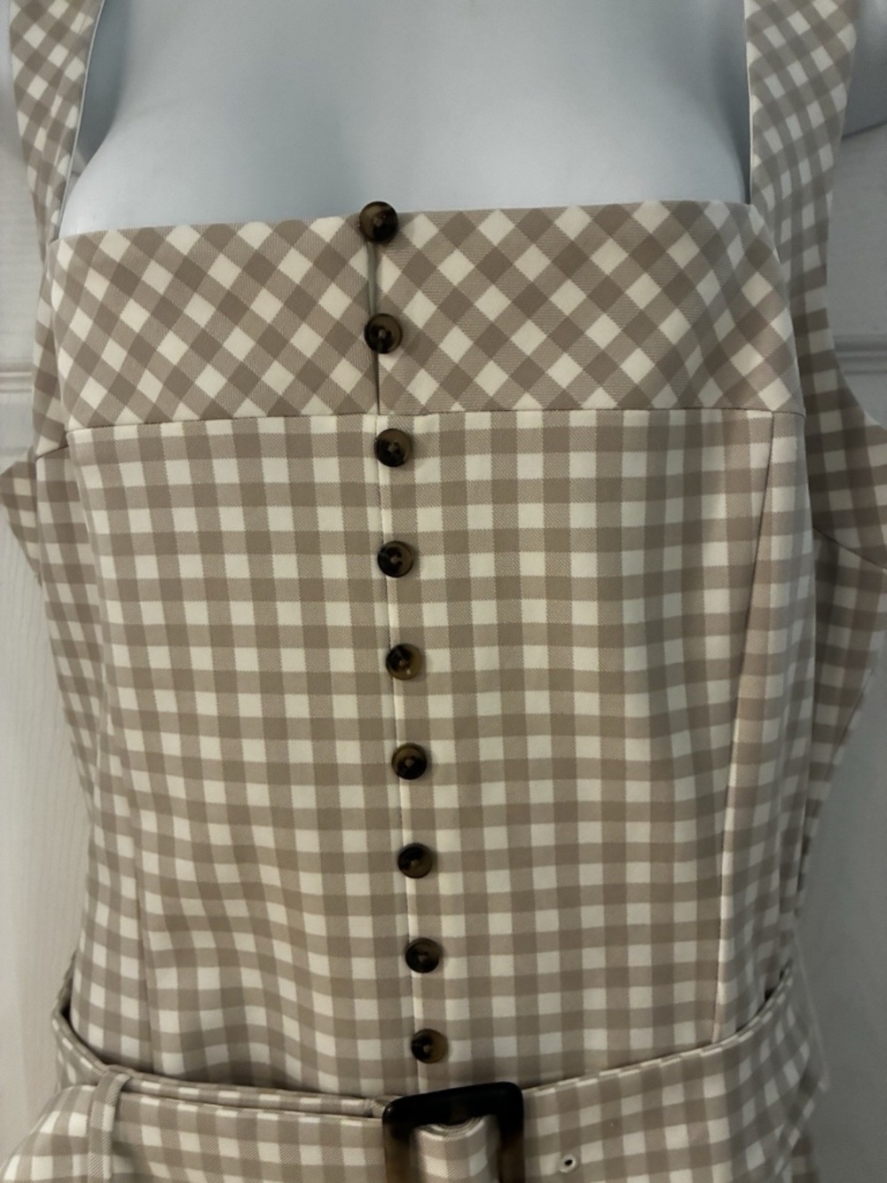 NWT $170 White House Black Market Gingham Biscotti Dress Sz 12 WHBM beige/ white - Picture 2 of 9